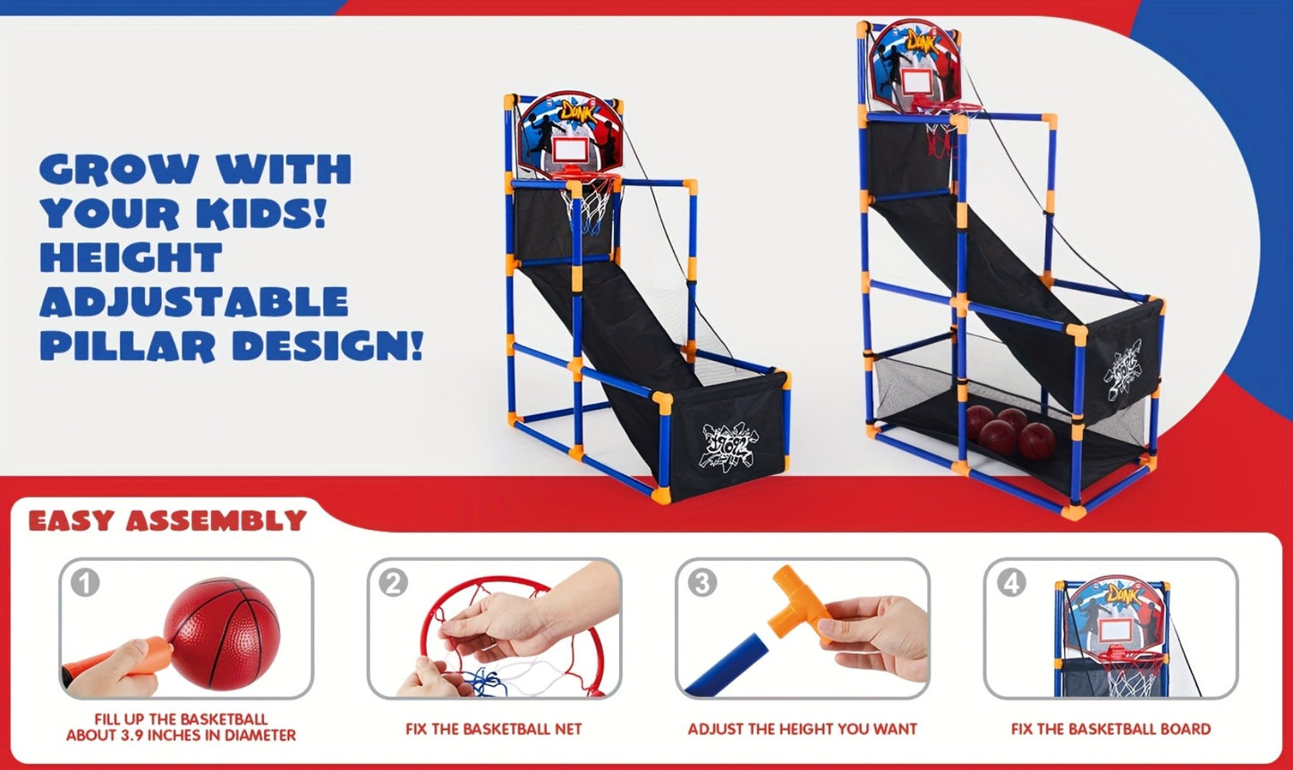 Kids Adjustable Basketball Hoop Set Arcade-Style Stand 4 Balls Air Pump 55 Inch Height Indoor Outdoor Sport Play Birthday Christmas Gift Boys Girls Ages 3+ Multicolor Red Blue