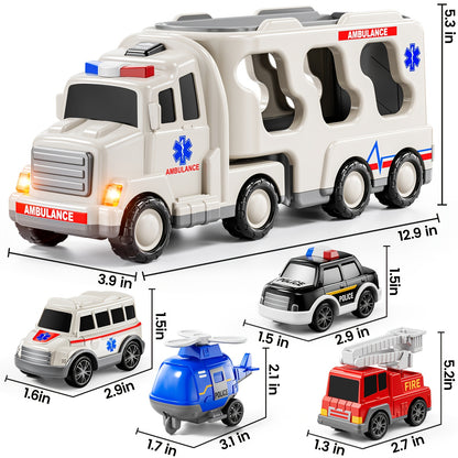 Ambulance/ Construction Truck Toys, 5in 1 Carrier Trucks Cars for Boy Toys Birthday, Car Trucks Friction Power Toys with Light Sound