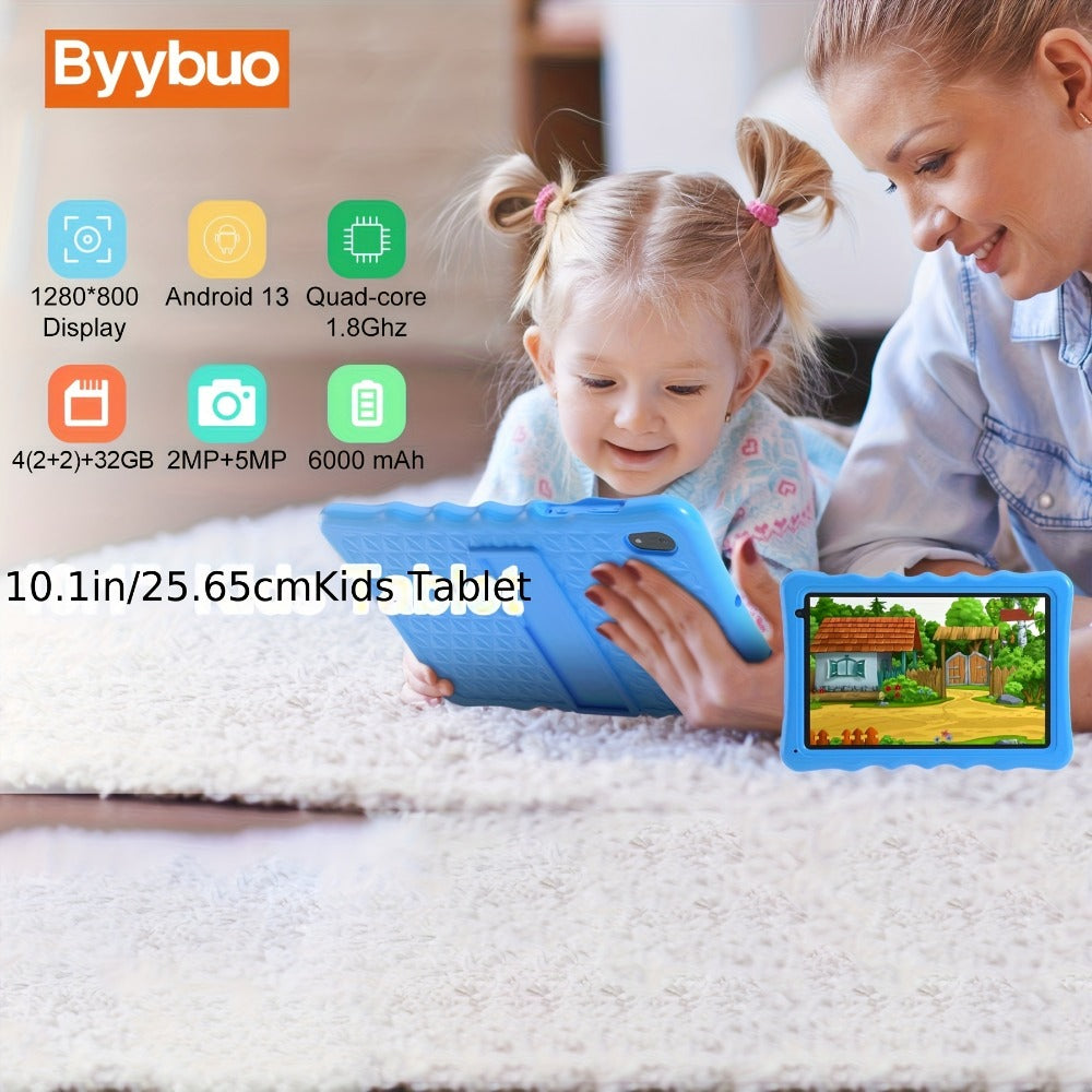 BYYBUO Kids Tablet, 10.1 Inch Android 13 Tablet for Kids, 4GB RAM 32GB ROM 6000Mah Battery, Tablets with BT, Wifi, Parental Control, Dual Camera, Shockproof Case
