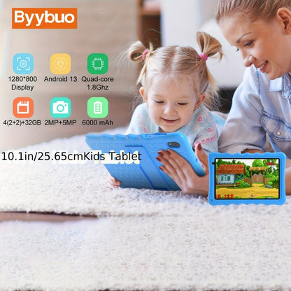 BYYBUO Kids Tablet, 10.1 Inch Android 13 Tablet for Kids, 4GB RAM 32GB ROM 6000Mah Battery, Tablets with BT, Wifi, Parental Control, Dual Camera, Shockproof Case