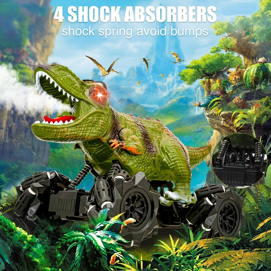 Dinosaur Stunt Remote Control Car with Lights, Sounds, And Spray Function - Monster Stunt Truck Toy Perfect for Indoor And Outdoor All-terrain Fun Durable Construction with Side-to-side Parallel Movement Ideal Birthday, Or Easter