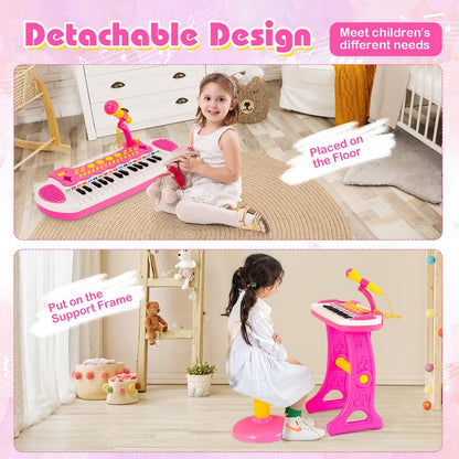 Kids Piano Keyboard Toy 31 Keys with Stool & Adjustable Microphone, Recording & Playback, Light Effects, Portable Electronic Music Instrument, Educational Gift for Boys & Girls Ages 3+, Pink
