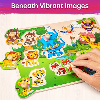 6-in-1 Wooden Puzzle Set for Toddlers 1 2 3 Year Old – Alphabet Number Shape Animal Dinosaur Vehicle Puzzles with Storage Rack, STEM Educational Learning Toy Gift for Baby Boys Girls
