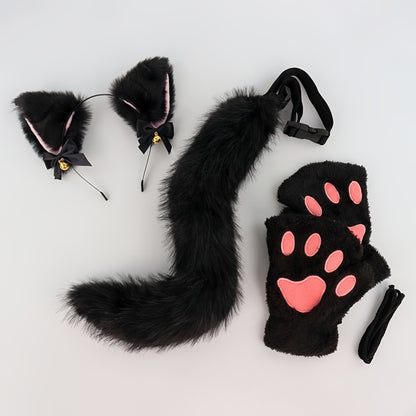 Cat Costume Set 3 Piece – Bell Ear Headband, Plush Paw Gloves & Adjustable Tail for Halloween, Cosplay, Role Play & Stage Performances, Cute Gift for Women Girls, Grey White Brown Pink