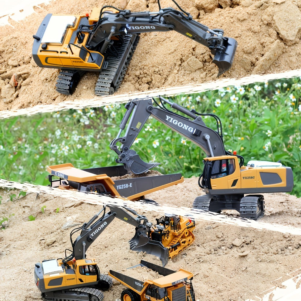 RC Excavator Toy 1:18 Scale 2.4GHz with Metal Scoop Lights Sound Effects 680-Degree Rotation, Remote Control Construction Vehicle Set Dump Truck Bulldozer Loader for Boys Ages 8+, Birthday Gift