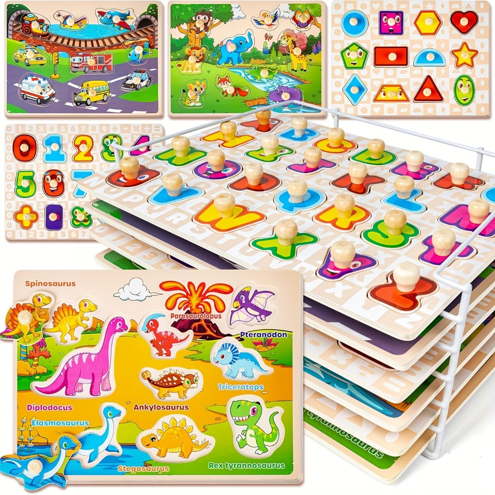 6-in-1 Wooden Puzzle Set for Toddlers 1 2 3 Year Old – Alphabet Number Shape Animal Dinosaur Vehicle Puzzles with Storage Rack, STEM Educational Learning Toy Gift for Baby Boys Girls