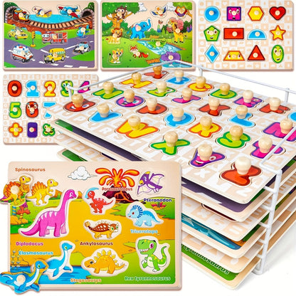 6-in-1 Wooden Puzzle Set for Toddlers 1 2 3 Year Old – Alphabet Number Shape Animal Dinosaur Vehicle Puzzles with Storage Rack, STEM Educational Learning Toy Gift for Baby Boys Girls