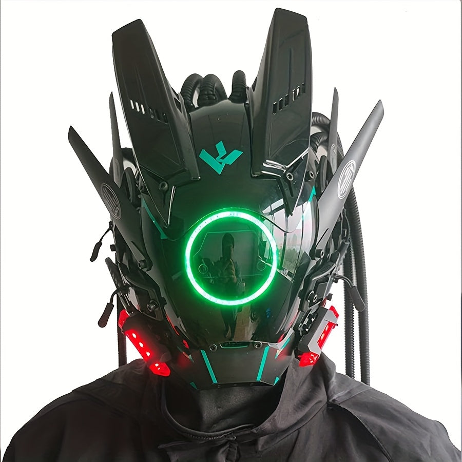 1pc Fashion Cool LED Punk Mask with Braids, Futurist Sci Fi Mechanical Mask Halloween Cosplay Samurai Mask Music Festival Party Cool Play Accessories Adult Gift