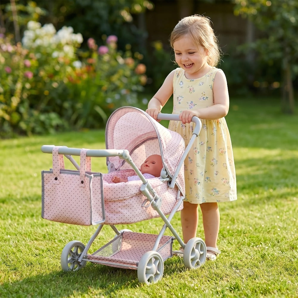 3-in-1 Baby Doll Stroller Set Pink – Foldable Pram with Removable Bassinet & Carry Bag for 14-24 Inch Dolls, Swivel Wheels Adjustable Handle, Role Play Nursery Gift for Girls Ages 3-12