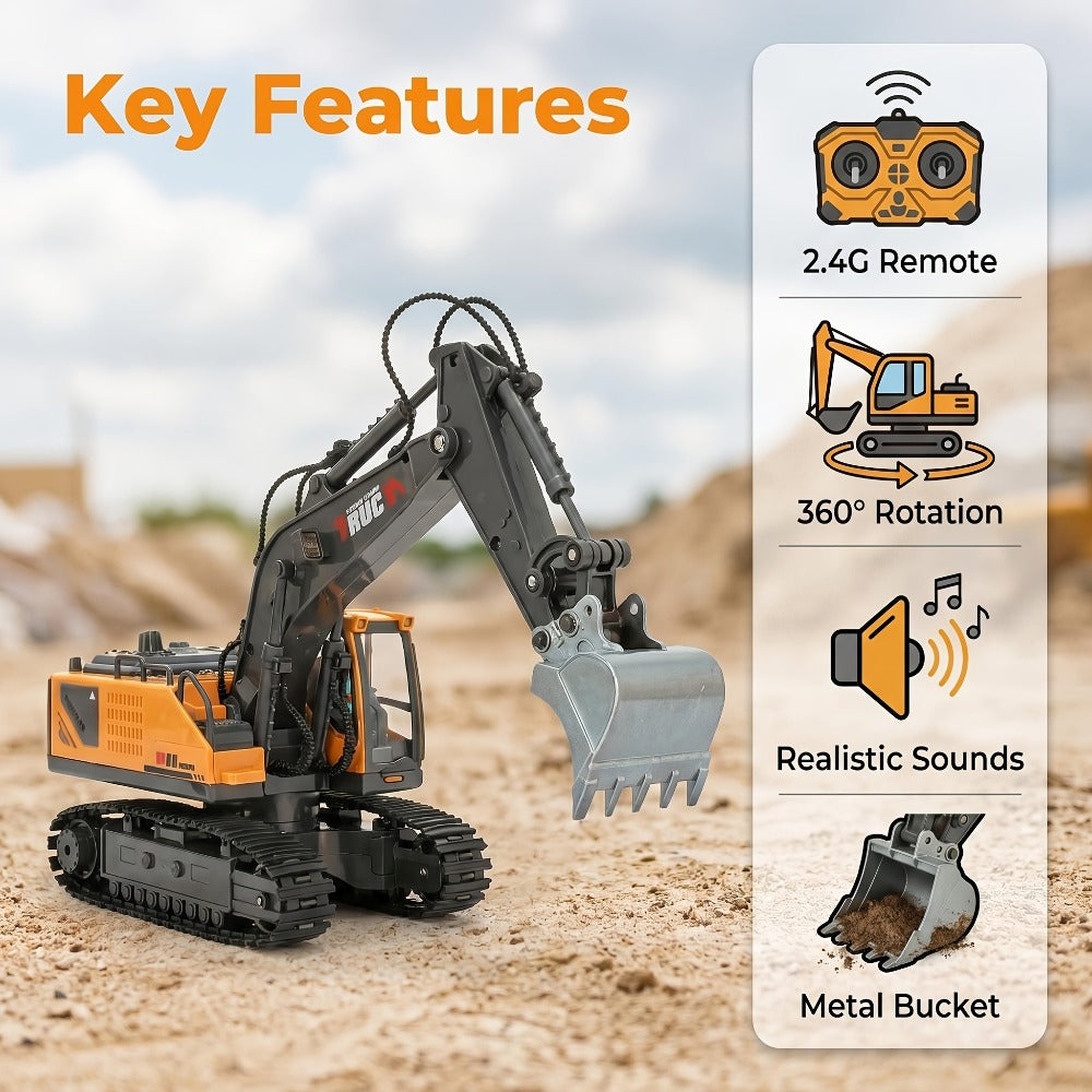 Track Type RC Excavator Toy for Kids – 1200mAh Remote Control Excavator with Metal Shovel & LED Light, Construction Tractor Toy for Boys Ages 6-12, Birthday Gift (Metal/Plastic/Mini Options)