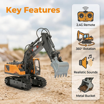 Track Type RC Excavator Toy for Kids – 1200mAh Remote Control Excavator with Metal Shovel & LED Light, Construction Tractor Toy for Boys Ages 6-12, Birthday Gift (Metal/Plastic/Mini Options)