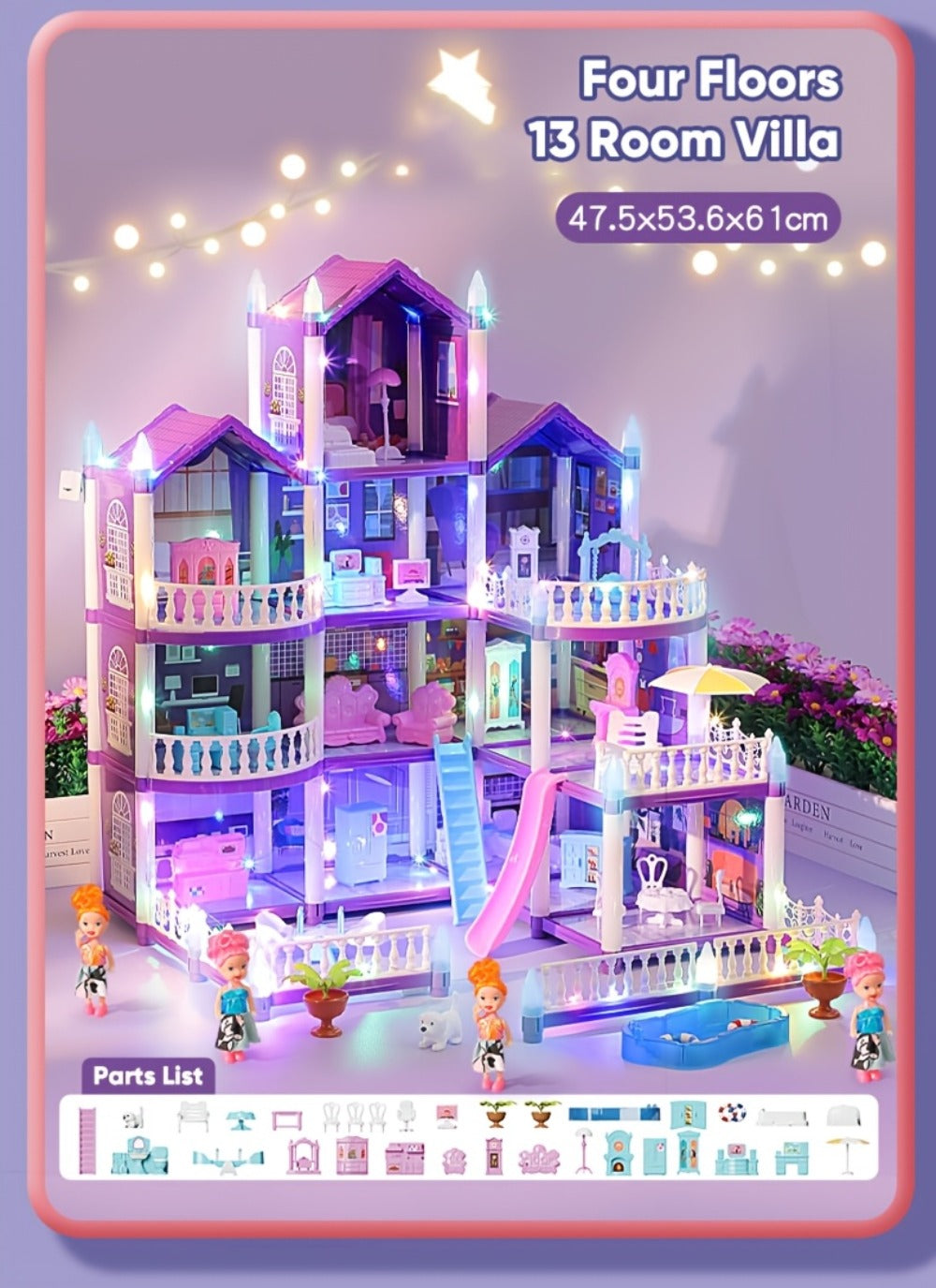 LED Dollhouse Playset for Girls – Purple Multi-Room Playhouse with Doll Figures, Puppies, Furniture & LED Lighting, 6 to 16 Room Options, Creative Imaginative Gift for Girls Ages 3-10 Birthday Christmas