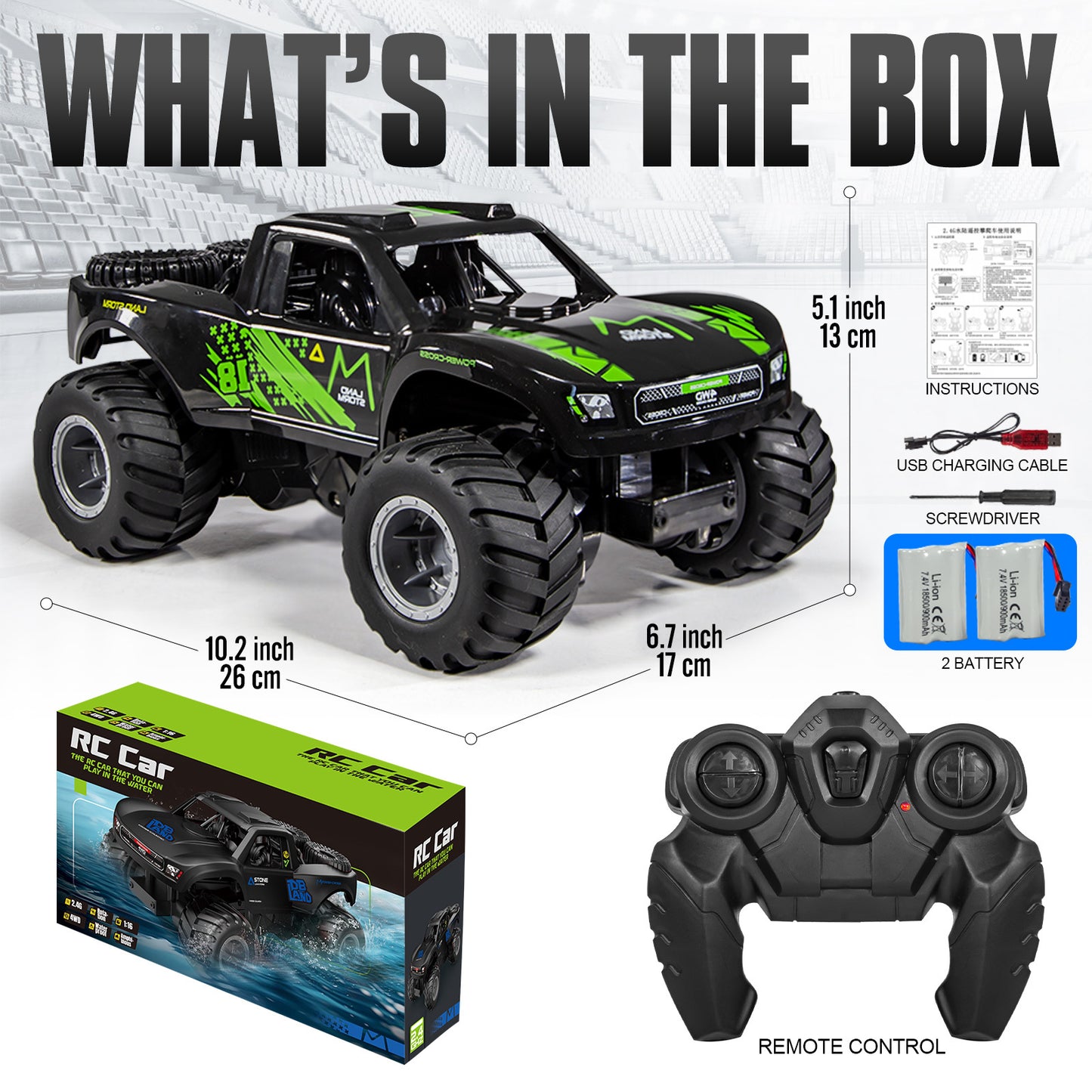 RC Trucks 4x4 Offroad Waterproof 1:16 Amphibious Remote Control Car with 2 Rechargeable Battery 4WD All Terrain Monster Truck RC Car for Boys 4-7 gift present