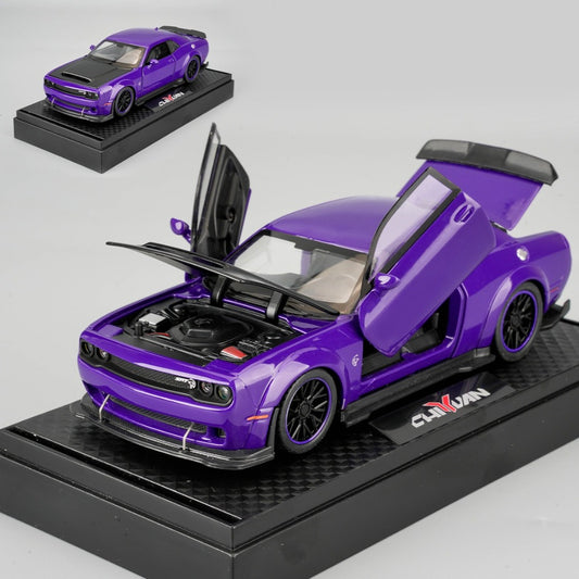 [Zinc Alloy Car Model] Purple Dodge Sports Car Zinc Alloy Car Model with Display Base - High Simulation Static Display Ornament with Openable Doors, Highly Restored Details, Ideal Home Desktop Decoration, Must-Have Collectible for Model Car Enthusiasts