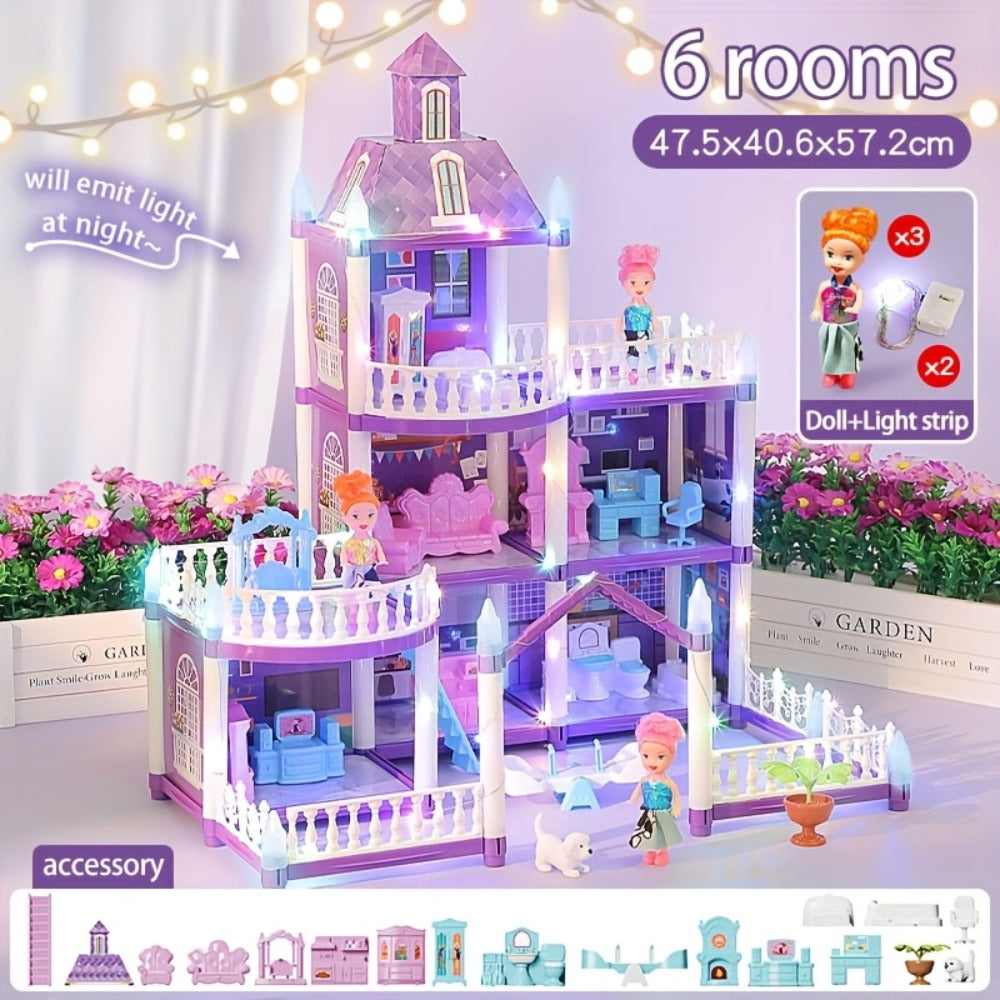 LED Dollhouse Playset for Girls – Purple Multi-Room Playhouse with Doll Figures, Puppies, Furniture & LED Lighting, 6 to 16 Room Options, Creative Imaginative Gift for Girls Ages 3-10 Birthday Christmas