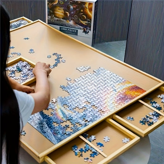 Folding Puzzle Table, 29.9 "x 22" Wooden Table (with 4 Area Drawers), Portable Puzzle Starter Board for Puzzle Storage And Sorting -1000pcs Easter Gift