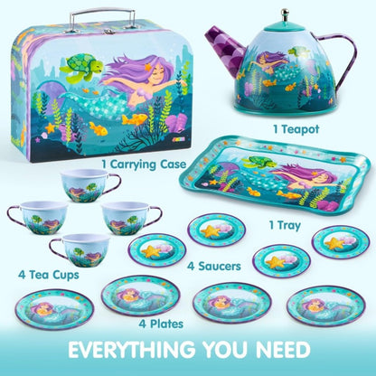 Mermaid Tea Party Set for Girls 21pcs – Tin Teapot, 4 Cups, Saucers, Plates & Carrying Case | Pretend Play Kitchen Toy for Toddlers, Birthday & Christmas Gift for Girls Ages 3 4 5 6