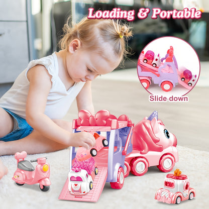 [Perfect Holiday Gift] Kids Carrier Truck Toys With 4 Mini Cars | Pink, Music Light, Battery Powered, Pull-Back Operation, Non-Rechargeable AA Batteries, Ideal For Boys And Girls, Perfect Holiday Gift