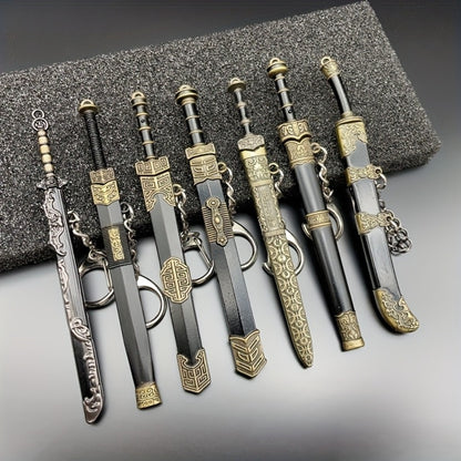 Miniature Metal Swords Set 7pcs Ancient-Inspired Collectible Pendant with Sheath – Military Theme Durable Metal Mini Sword Toy Gift for Anime Game Enthusiasts Ages 14+