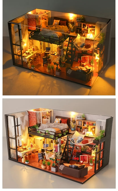 Miniature Apartment Dollhouse Kit with Protective Cover Handmade 3D Puzzle DIY House Furniture Accessories Home Decor Gift for Adults Teens Birthday Christmas Anniversary