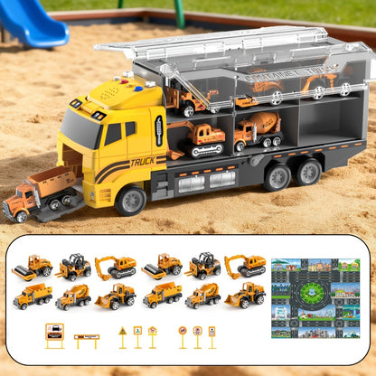 13-in-1 Construction Truck Vehicle Toy Set with Die-Cast Cars & Play Mat – Transport Carrier Truck Playset for Toddlers Kids Ages 3+, STEM Learning, Christmas & Birthday Gift