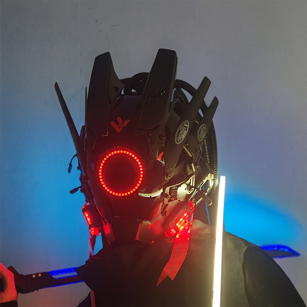 LED Punk Mask with Tubular Braids & Helmet – Futuristic Sci-Fi Mechanical Cosplay Mask for Halloween, Rave Music Festival & Party, Blue Green Pink, Handmade TPU PC Unisex Adult Costume Prop