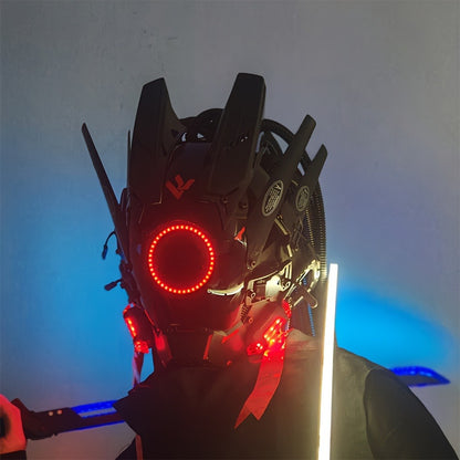 LED Punk Mask with Tubular Braids & Helmet – Futuristic Sci-Fi Mechanical Cosplay Mask for Halloween, Rave Music Festival & Party, Blue Green Pink, Handmade TPU PC Unisex Adult Costume Prop