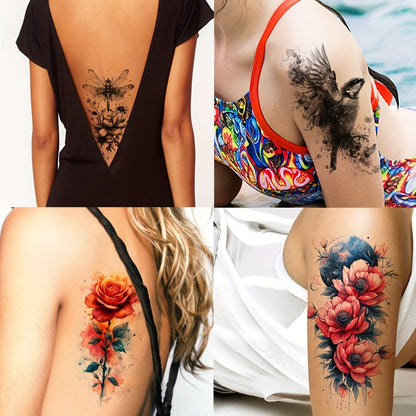 Temporary Tattoos for Women & Kids - 24 Sheets Large Watercolor Realistic Fake Tattoo Stickers with Flower & Animal Designs - Long Lasting Body Art Half Arm Tattoos