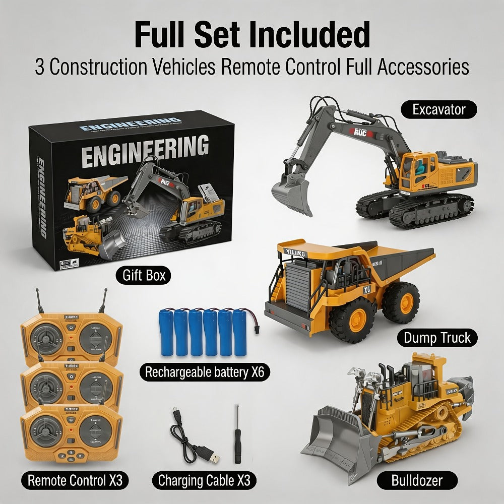 Remote Control Construction Vehicle Set 2/3/4pcs – 2.4G 11-Channel RC Excavator Dump Truck Bulldozer Alloy & Plastic Engineering Toy Car Kit for Kids Boys, Great Birthday Gift