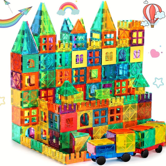 Magnetic Tiles 120pcs with 2 Cars, STEM Approved Educational Magnet Building Toys, Magnet Puzzles Stacking Blocks for Boys Girls