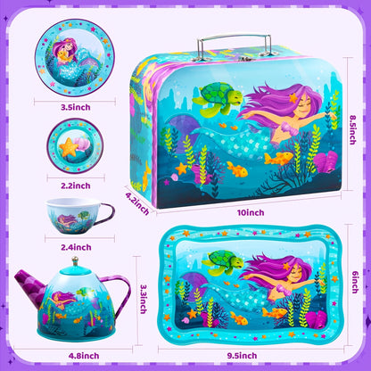 Mermaid Tea Party Set for Little Girls, Pretend Tin Teapot Toy with Cups, Plates Carrying Case, Princess Tea Time Play Kitchen Kit, Perfect Christmas&Birthday Gifts for Kids Age 3+