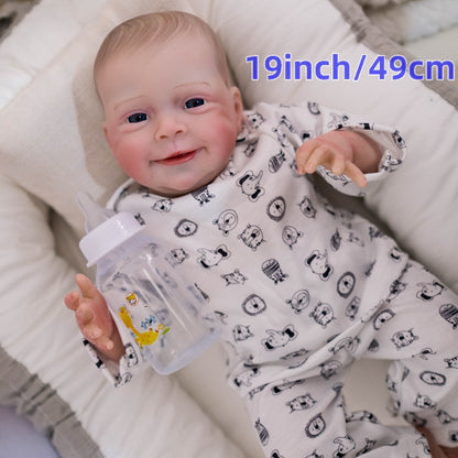 Cloth Body Reborn Baby Doll 19 Inch Soft Vinyl Limbs Hand-Painted Smiling Newborn Girl with Clothes Pacifier Bottle Birth Certificate – Huggable Lifelike Baby Doll Gift for Kids Birthday Christmas