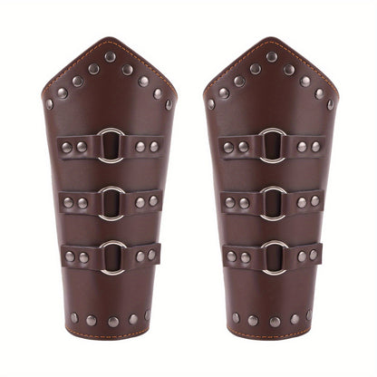 Medieval Arm Bracers 2pcs PU Leather Gauntlet Wristbands for Men, Renaissance Knight Warrior Viking Cosplay Costume Prop for Halloween LARP Stage Performance Photo Shoot, Black & Brown