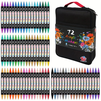 Acrylic Paint Markers with Canvas Bag Dual Tip 48 72 108 Colors – Double Zipper Premium Storage, Non-Toxic Odorless Paint Pens for Canvas Rock Wood Glass Fabric, Artist Gift
