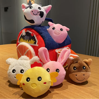 Portable Farm Playset, 6 Plush Animals with Barn, Rattle, Crinkle And Mirror, Sensory Learning Toy for Babies And Toddlers