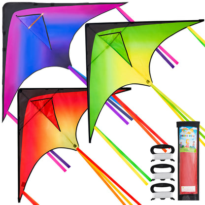 3 Packs Large Delta Kite Gradient Red, Green, Purple | Easy to Fly for Kids and Adults with 262.5ft String, SYNCFUN Beach Kite for Outdoor Games and Activities, Gifts for Boys and Girls