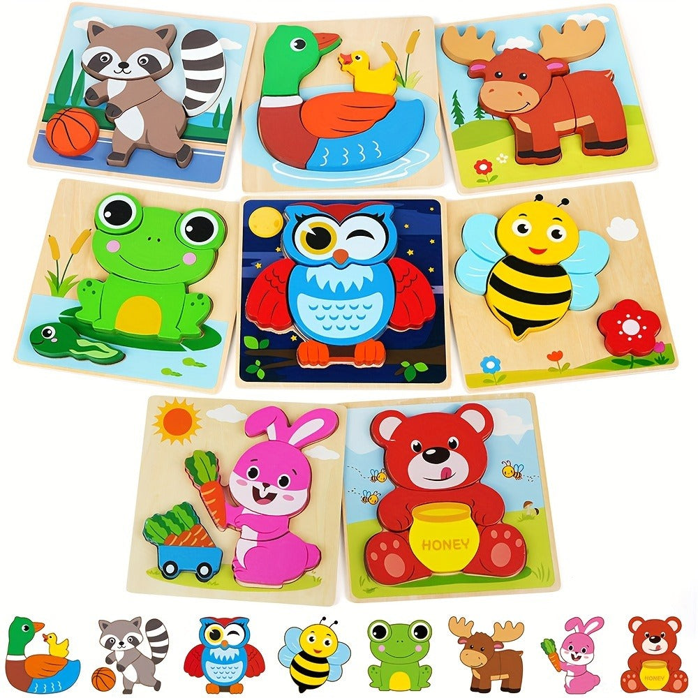 Baby Animal Wooden Puzzles for Toddlers 8 Pack – Infant Learning Toy 12 Months+, Bear Bunny Owl Frog Bee Duck Moose Raccoon, Fine Motor Skills Educational Gift for Boys Girls Christmas Birthday