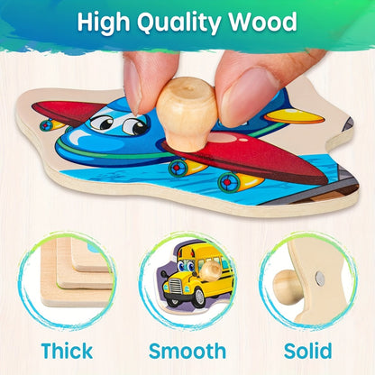 6-in-1 Wooden Puzzle Set for Toddlers 1 2 3 Year Old – Alphabet Number Shape Animal Dinosaur Vehicle Puzzles with Storage Rack, STEM Educational Learning Toy Gift for Baby Boys Girls