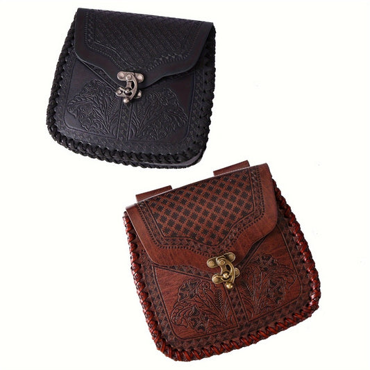 Dragon Embossed Faux Leather Waist Bag – Medieval Viking Norse Style Belt Pouch, Coin Purse Hip Bag for Renaissance Faire, Cosplay, LARP, Outdoor & Daily Use, Gift for Men Women, Black & Brown