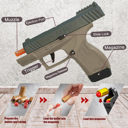 Soft Bullet Toy Gun with Jumping Shell & 2 Magazines – 100 Bullets 12 Shells Auto Rebound Decompression Pistol Shooting Toy for Kids Boys Ages 6+, Indoor Outdoor Play Birthday Gift