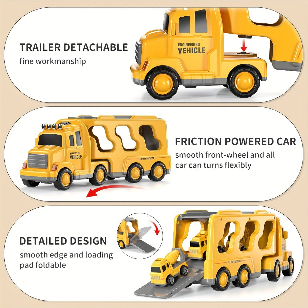 Construction Carrier Truck Toy Set for Kids 3-7, Large Transport Truck with 4 Mini Engineering Vehicles Excavator Mixer Crane Bulldozer, Friction Powered Yellow Toy for Boys Girls Birthday Gift