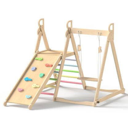 Foldable Indoor Wooden Jungle Gym for Toddlers – 4-in-1 Climbing Frame with Swing, Slide & Ladder | Ages 18M+ | Rainbow & Blue | Kids Indoor Playset for Cognitive Development & Active Play