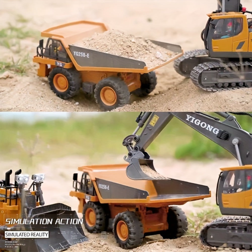 RC Construction Vehicle Toy 2.4GHz Remote Control Excavator Bulldozer Loader with Alloy Metal Cover Lights Sound Effects, Crawler Tractor Truck for Boys Ages 8 and Up, Birthday Gift