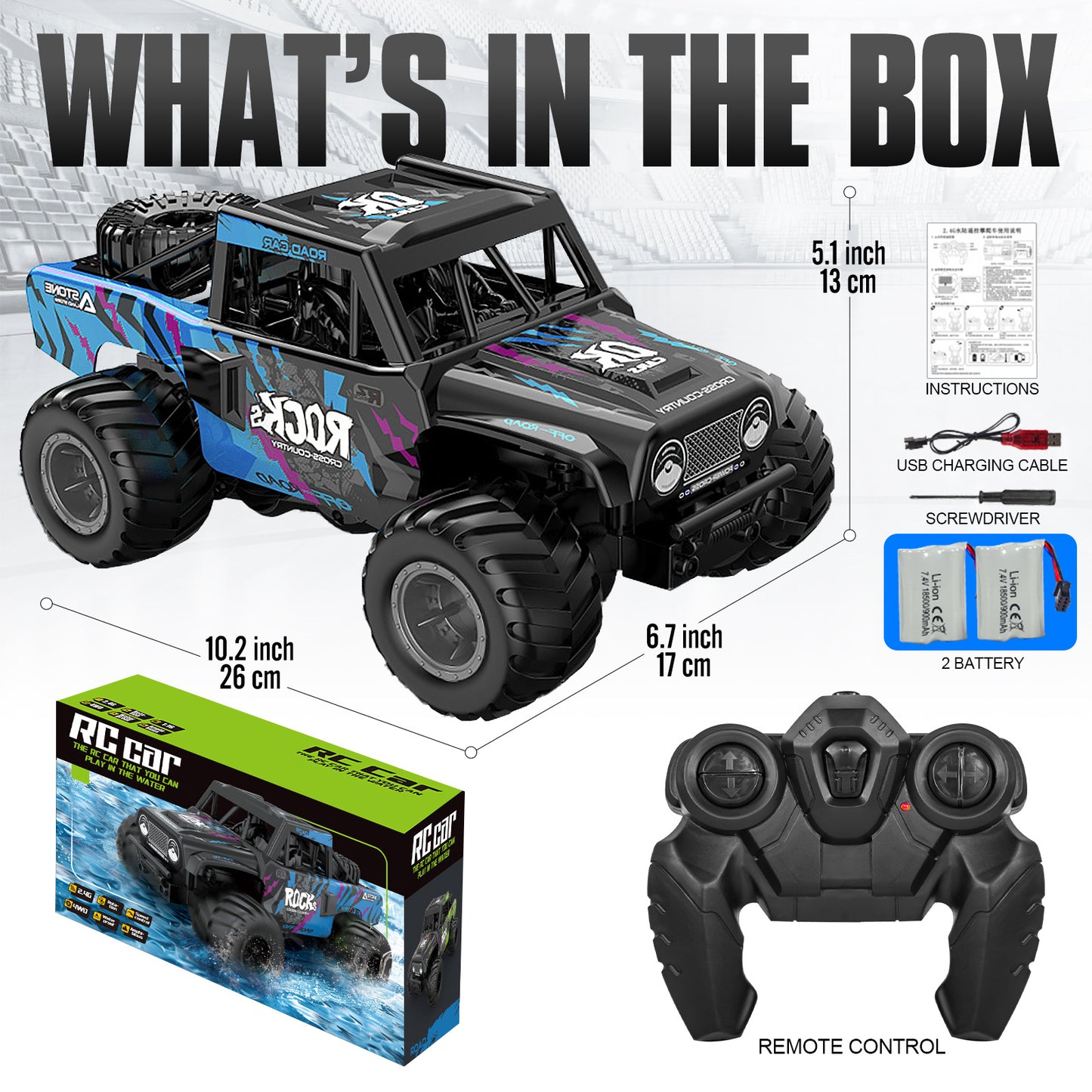 RC Trucks 4x4 Offroad Waterproof 1:16 Amphibious Remote Control Car with 2 Rechargeable Battery 4WD All Terrain Monster Truck RC Car for Boys 4-7 gift present