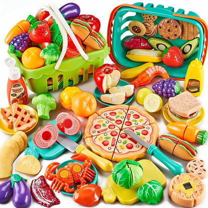 85pcs Pretend Play Food Sets for Kids Kitchen, Cutting Toy Food with 2 Baskets, Play Kitchen Accessories for Toddlers, Fake Food with Pizza Veggies Fruits, Kids Kitchen Toys, Boys Girls GiftChristmas
