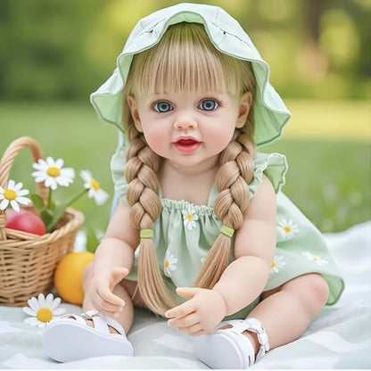 Bath Safe Reborn Baby Doll 22 Inch 55CM Full Vinyl Long Hair – Poseable Stand Sit Lay, Hand-Painted Lifelike Newborn Girl, Gift Set with Outfit Pacifier Bottle for Kids Ages 3+ & Collectors