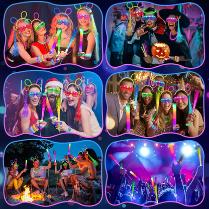 Glow in the Dark Party Supplies 120 Piece Set – Glow Rings, LED Glasses, Glow Sticks & Fiber Optic Hair Clips for Neon Party, Birthday, Wedding, Concert & New Year
