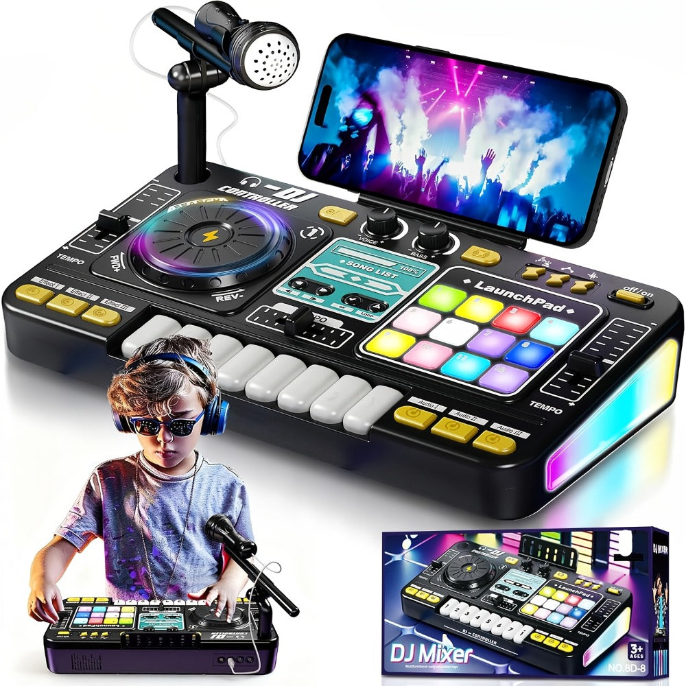 Children's Multi-functional DJ Mixing Controller Set Toy, with LED Lights, Sound Effects, Microphone, And Piano DJ Keyboard Instrument. An Interactive Music Toy for Children, Featuring Over 100 Sound Effects, Piano Keys, Disco Mode, And Rechargeable