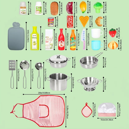 Kids Kitchen Playset 37pcs – Stainless Steel Play Pots & Pans Set with Apron, Chef Hat, Cooking Utensils & Play Food | Pretend Play Kitchen Toy, Birthday & Christmas Gift for Boys & Girls Ages 3+
