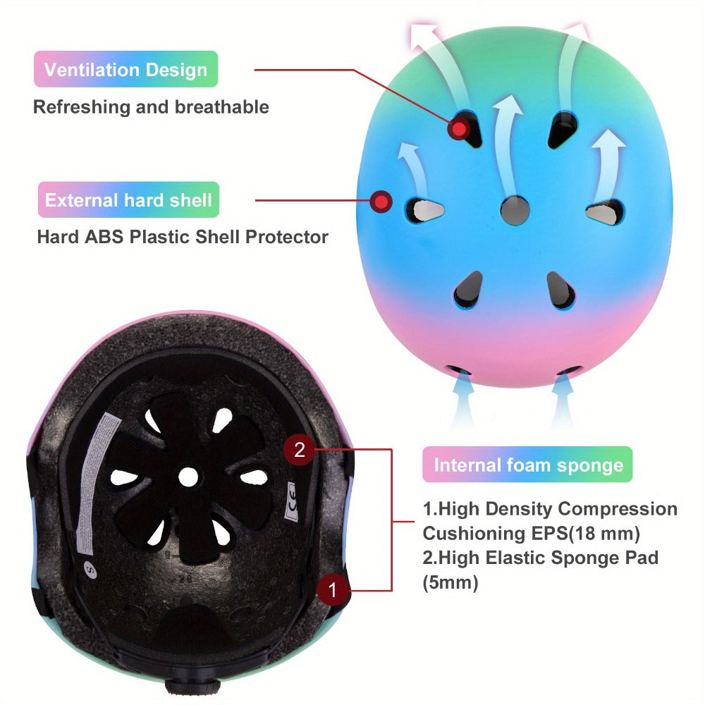Kids Gradient Color Bike Helmet & Protective Gear Set for Ages 5+ Boys Girls Lightweight Helmet Knee Elbow Pads for Cycling Skating Scooter Sports Safety Gift